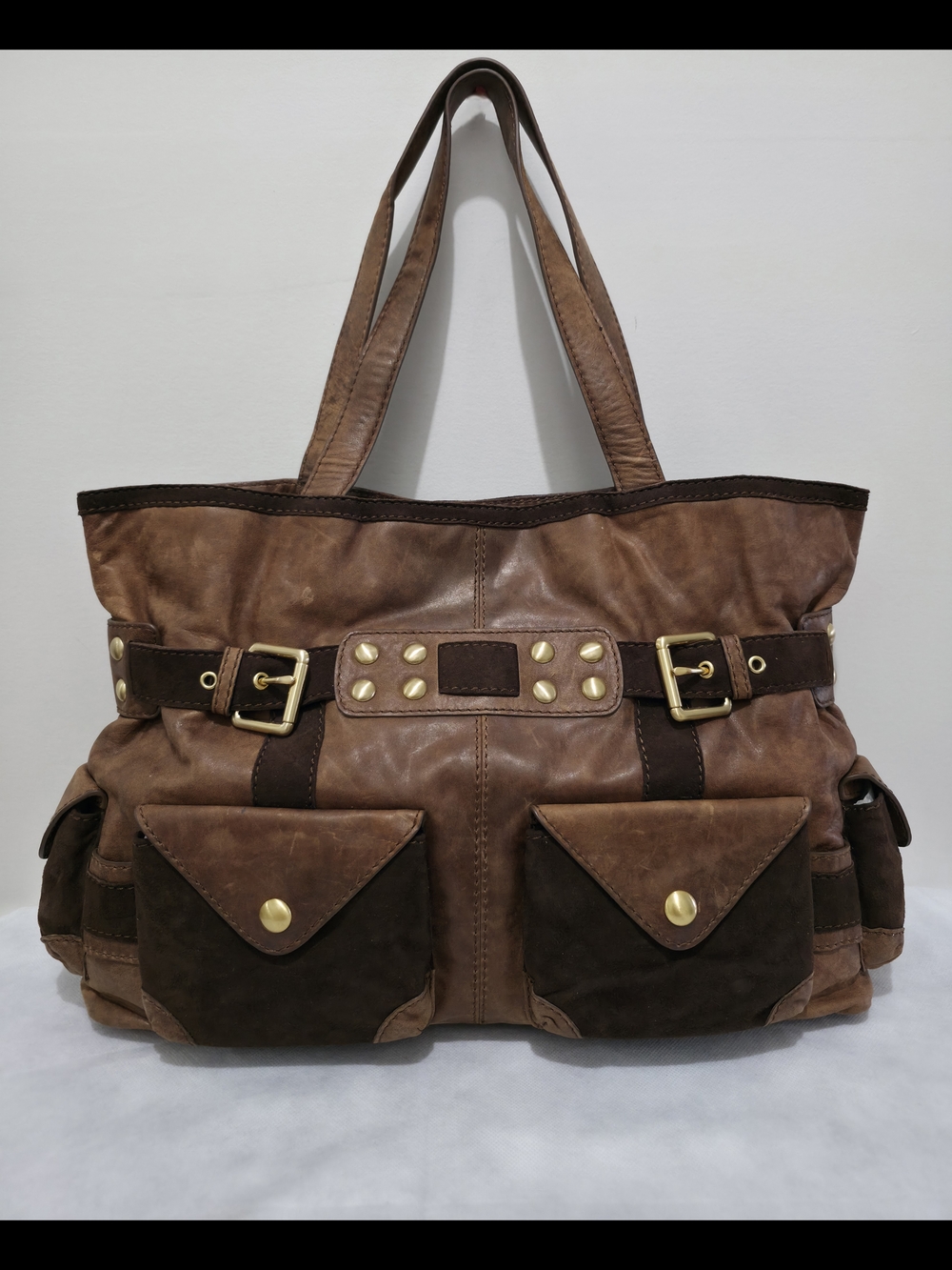 Isabella Fiore Leather Tote Bag Brown Multi Pocket Studded Buckle Shoulder Bag